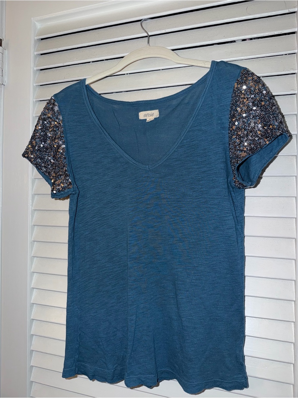 aerie Teal V-Neck Short Sleeve Top with Sequin Accents